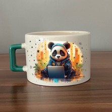 Mor Mürekkep Sad Üzgün Panda - Meslek: Yazılımcı Yeşil Kulplu Kare Meslek Hediyesi Bardak Kupa Fincan Mug