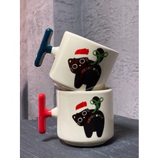 Mor Mürekkep Merry Xmass Siyah Kedi Beyaz Kulplu T Yılbaşı Hediyesi Bardak Kupa Fincan Mug
