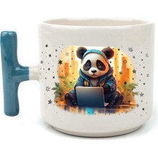 Mor Mürekkep Sad Üzgün Panda - Meslek: Yazılımcı Mavi Kulplu T Meslek Hediyesi Bardak Kupa Fincan Mug
