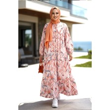 Harma Time Butik Kadın Düğmeli  Modal Kumaş Desenli Kırmızı Elbise