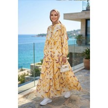 Harma Time Butik Kadın Düğmeli  Modal Kumaş Desenli Sarı Elbise