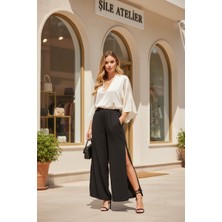 Sile Atelier Siyah Pamuklu %100 Pamuk Müslin Kumaş Yırtmaçlı Bol Pantolon Kadın Salaş Kumaş