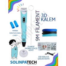 Solinpatech Mavi 3D Pen Üç Boyutlu Yazıcı Kalem Printer (3 Adet 3 Metre Filament -9 Metre- ve USB Kablo Dahil)