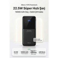 4berry Y376 10000MAH 22.5W Süper Hızlı Şarj Type-C ve Lightning Kablolu Powerbank