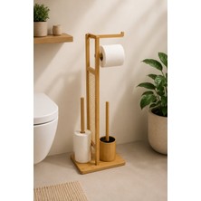 Morponi Ahşap Bambu Çok Amaçlı Tuvalet Kağıdı Askısı, Yedekli Stand ve Banyo Fırçalık Seti Dk