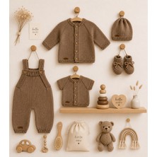 Handmade El Örgüsü 5’li Bebek Seti Kahverengi Hırka Tulum Şapka Patik Yelek Takımı 6-12 Ay
