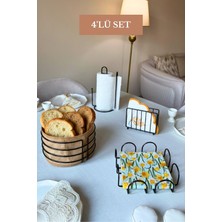 Edora Home 4’lü Set Siyah Kare Peçetelik Kafes Peçetelik Dik Kağıt Havluluk Ayraçlı Yuvarlak Ekmek Sepeti Mutfak Seti