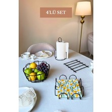Edora Home 4’lü Set Siyah Kare Peçetelik Dik Kağıt Havluluk Misketli Nihale Oval Köşeli Meyve Sepeti Mutfak Seti