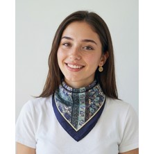 Ege Fular Şal Kadın Lacivert Etnik Retro Vintage Desenli Ipek Rayon Fular 55X55 cm Italyan Dikiş