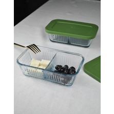 Qualitev 2 Adet Frigo 2 Bölmeli Cam Saklama Kabı Plastik Kapaklı Kahvaltılık Bölmeli Reçel Bal Tereyağlık Kabı 475 ml