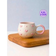 KYA CERA Pembe Kalp Kabartmalı Tekli El Yapımı Kupa
