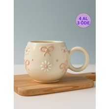 KYA CERA Pembe Kurdele & Papatya Kabartmalı Tekli El Yapımı Seramik Kupa