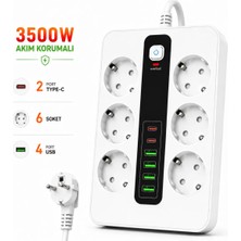 Raylax 6'lı Priz Çoklayıcı 4 USB + 2 Type-C Hızlı Şarjlı Anahtarlı Priz 3500W 2 Metre Kablo
