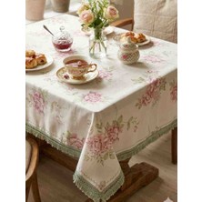 Yarımada Kadın Kooperatifi ​romantik Vintage Gül Desenli Lüks Raşel Masa Örtüsü - Dantel ve Piko Detaylı - 160X160 cm