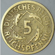 Banknoting Almanya 5 Pfennig 1925 A Weimar Cumhuriyeti Dönemi.
