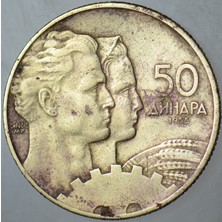 Banknoting Yugoslavya 50 Dinar 1955 Işçiler ve Çark Temalı. Tito Dönemi.