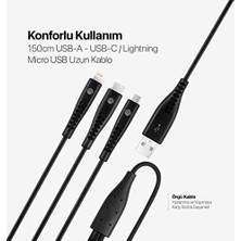 Terra Organik Mojue By Ttec Trio Şarj Kablosu Usb-A - Usb-C/lightning ile Uyumlu/micro USB 150CM - Siyah ((2 Yıl Ttec Garantilidir)