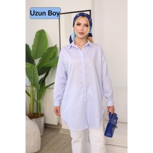 Deq Fashion Kadın Mavi Beyaz Çizgili Oversize Uzun Tunik Gömlek Tesettür Uyumlu Rahat Kalıp Salaş Gömlek