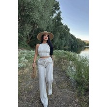 Kadın Sıfır Kol Bluz Bol Paça Pantolon Ters Dikiş Detaylı Takım