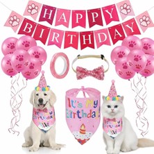 Evcil Hayvan Doğum Günü Süsleme Seti Pembe – Köpek ve Kedi Için Birthday Party Konsept Paketi – Balon, Happy Birthday Banner, Bandana, Papyon, Şapka ve Parti Aksesuarları