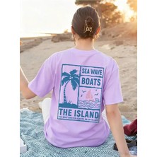 Over Head Kadın Lila Sea Wave Boats Baskılı Oversıze T-Shirt