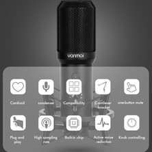 USB Condenser Masaüstü Mikrofon Seti – Kardioid Yönlü, 16BIT/48KHZ Profesyonel Kayıt, LED Kontrollü, Mount ve Stand Dahil – Streaming, Podcast, Oyun ve Vokal Için | Q10-Q10B