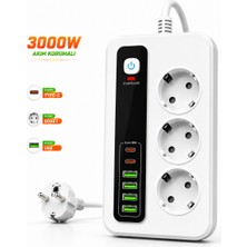Raylax 3000W Akıllı 3'lü Priz Usb' Li Uzatma Kablo - 4 USB + 2 Type-C Hızlı Şarj 2 mt Uzatma Kablo