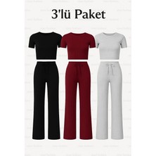 3 Lü Kadın Crop Bol Paça Pantolon Alt Üst Takım