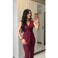 Defy Moda Kadın Kısa Kollu V Yakalı Önü Sarmal Detaylı Yırtmaçlı Sandy Midi Elbise