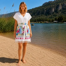 Pırlanta Çeyiz Pırlanta Textile Plaj Elbisesi Bambu Peştemal Flamingo Desen Beyaz Renk