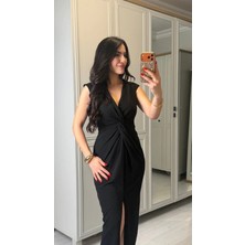 Gökyüzü Moda Kadın Kısa Kollu V Yakalı Önü Sarmal Detaylı Yırtmaçlı Sandy Midi Elbise