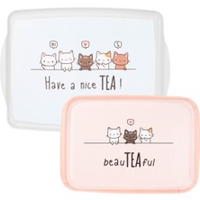 UltraMint Kedi Desenli 2'li Dikdörtgen Kaydırmaz Tepsi Seti, 34-41CM