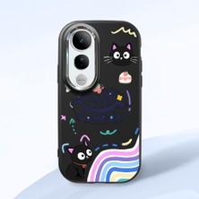 HONTINGA Vivo V50 Lite ile Uyumlu Kılıf Kamera Korumalı Düşüme Önleyici Kamera Koruyucu Siyah Yumuşak Silikon Couple Telefon Kılıfı Kedi Desenli K4-0375
