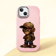 HONTINGA iPhone 14 Plus ile Uyumlu Kılıf Kamera Korumalı Düşüme Önleyici Kamera Koruyucu Pembe Yumuşak Silikon Couple Telefon Kılıfı Maymun Desenli K4-0374