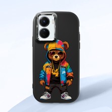 HONTINGA Vivo Y02S ile Uyumlu Kılıf Kamera Korumalı Düşüme Önleyici Kamera Koruyucu Siyah Yumuşak Silikon Couple Telefon Kılıfı Ayı Desenli K4-0371