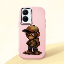 HONTINGA Vivo Y02S ile Uyumlu Kılıf Kamera Korumalı Düşüme Önleyici Kamera Koruyucu Pembe Yumuşak Silikon Couple Telefon Kılıfı Maymun Desenli K4-0374
