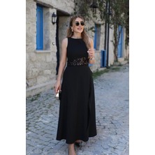 Gökyüzü Moda Kadın Omuzlardan Açık Yakası Açık Beli Dantelli Yırtmaçlı Uzun Janjan Krep Elbise