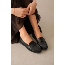 Selin Shoes Vento Düz Taban Klasik Kadın Ayakkabı- Siyah Deri