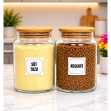 2'li Ahşap Vakum Kapaklı Cam Süt Tozu Hazır Kahve Saklama Kavanozu Seti 800 ml Etiket Hediyeli