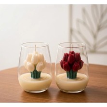 Beyra Decor Kırmızı Beyaz Lale Mum İkili Set - Cam Bardakta Dekoratif Çiçek Mum Tasarım Doğum Günü Söz Nişan Hediyelik