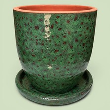 AdenArtpottery Toprak Seramik Saksı Dekoratif Yeşil-Kahverengi Desenli Delikli Çift Sırlı Altlıklı 23*23 cm