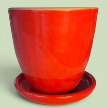 AdenArtpottery Toprak Seramik Saksı Dekoratif Kırmızı Çift Sırlı Altlıklı Delikli 22*22 cm