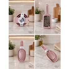AY&ÇA Home 3'lü Pembe Mutfak Seti.3'lü Erzak Küreği + Hazneli Rende+3'lü Süzgeçli Huni Seti