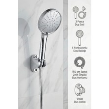 Plodna House Gümüş Gri 5 Fonksiyonlu Duş Başlığı Seti: 150CM Hortum + Duş Askısı
