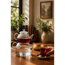 UltraMint Şık Optik Çizgili Cam Demlik, Metal Süzgeçli, 600-1000 Ml, Isıya Dayanıklı