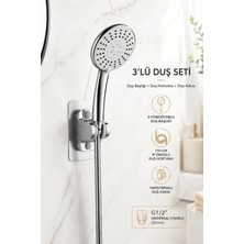 Plodna House Matkapsız 5 Fonksiyon Duş Başlığı Seti Yapışkanlı Askı ve 150 cm İp Örgülü Hortum (Delmeden Kurulum)