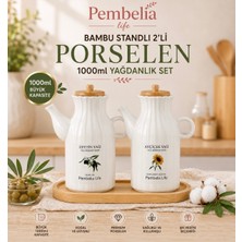 UltraMint Şık Bambu Standlı 2’li Porselen 1000ML Yağdanlık Seti