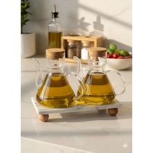 UltraMint Mermer Standlı 2'li Borosilikat Cam Yağdanlık Seti, 500 ml + 500 ml