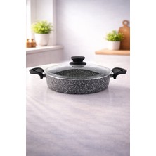 UltraMint 30 cm Granit Basık Tencere, Cam Kapaklı, Gri, Yapışmaz, Çok Amaçlı