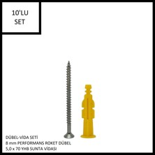 Adilon Dübel-Vida Seti, Performans Roket Dübel 8 Mm, 5,0X70 Yhb Sunta Vidası, 10 Adet
